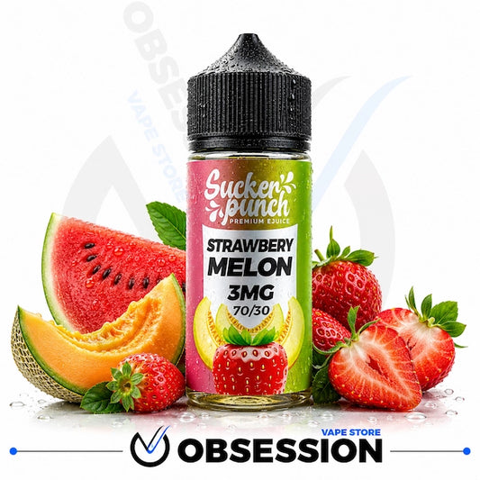 A bottle of Sucker Punch Premium E-liquid in Strawberry Melon flavor, surrounded by fresh watermelon slices, cantaloupe, strawberries, and mint leaves on a white background with an Obsession VAPE Store watermark.
