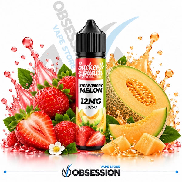 A bottle of Sucker Punch Strawberry Melon e-liquid centered on a white background, surrounded by fresh strawberries, cantaloupe melon slices, juice splashes, and leaves. The bottle label reads Strawberry Melon 12MG 50/50.
