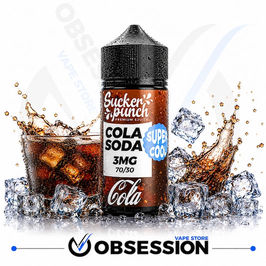 A bottle of Sucker Punch Premium E-liquid in the Cola Soda 3MG 70/30 flavor, styled with a glass of cola and ice cubes on a white background with a splash effect. The Obsession Vape Store logo is visible at the bottom.
