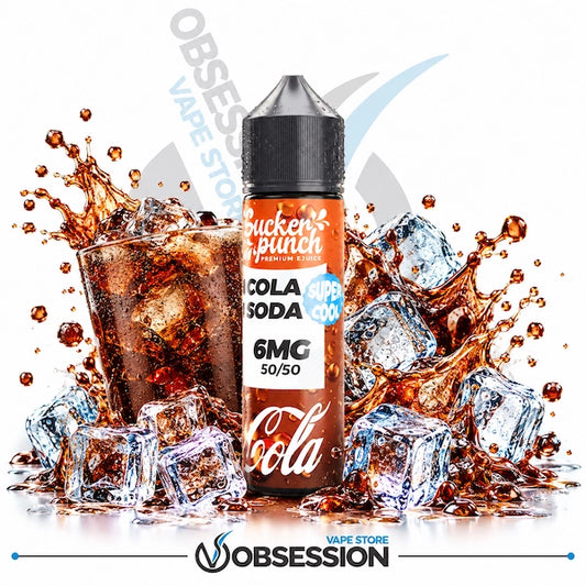 A bottle of Rucker Punch Cola Soda e-liquid (50ml) is centered against a white background, surrounded by a dramatic graphic of a glass of cola with ice cubes and liquid splashes. The bottle features an orange and white label with black text, and the background includes a faint 'Obsession' watermark.