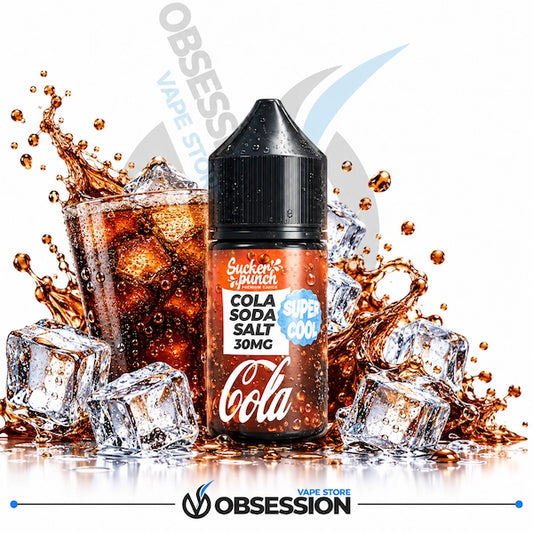 A bottle of Suckers Punch Cola Soda Salt e-liquid, 30mg, with a black cap, set against a dynamic background of a glass of cola with ice cubes and a liquid splash. The background features a white studio setting with ice cubes, a glass of cola, and a liquid splash, with a large 'Obsess' logo watermark in the background and a smaller 'Obsession' brand logo at the bottom.