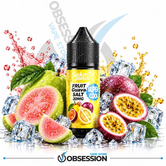 A bottle of Sucker Punch Fruit Guava Salt e-liquid by Obsession, styled with fresh guava and passion fruit slices, ice cubes, and colorful liquid splashes on a white background.