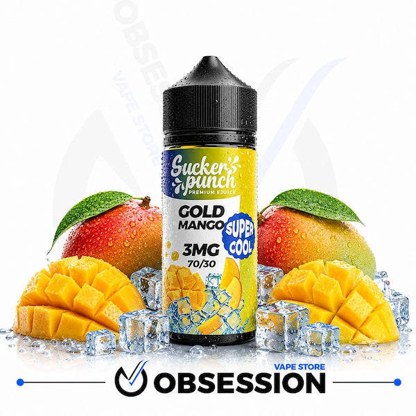 A bottle of Sucker's Punch Premium E-liquid in the Gold Mango flavor, styled with fresh mangoes, sliced mango pieces, and ice cubes on a white background with an 'OBSESSION VAPE STORE' watermark at the bottom.
