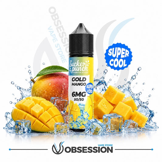 Sucker Punch Gold Mango vape juice bottle with fresh mango and ice-themed elements on a white background.