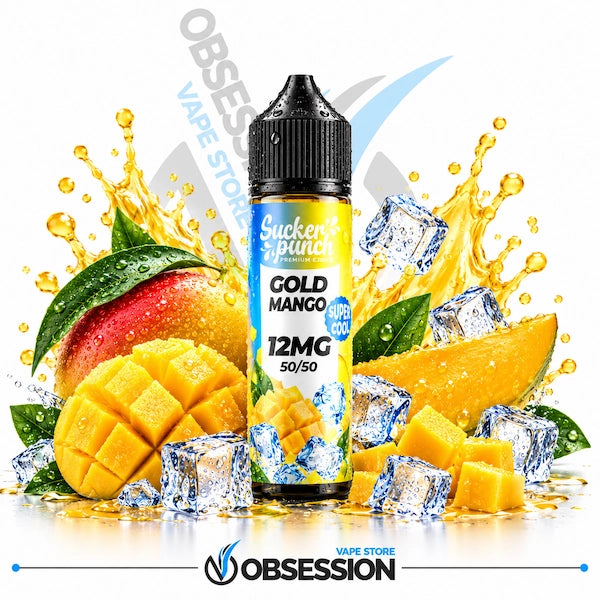A bottle of Snucker Punch Cold Mango 12MG e-liquid centered against a white background, surrounded by fresh mango slices, diced mango, ice cubes, and a golden splash. The Obsession VAPE Store logo is visible at the bottom.