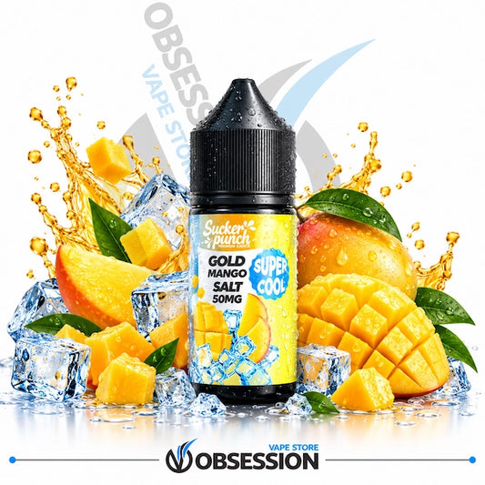 A bottle of Sucker Punch Gold Mango Salt 50mg e-liquid, labeled 'Super Cool', is centered against a white background with dynamic graphics of fresh mangoes, ice cubes, and golden liquid splashes. The Obsession Vape Store logo is visible at the bottom.