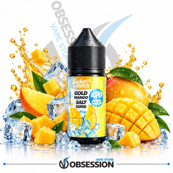 A bottle of Sucker Punch Gold Mango Salt 50mg e-liquid, labeled 'Super Cool', is centered against a white background with dynamic graphics of fresh mangoes, ice cubes, and golden liquid splashes. The Obsession Vape Store logo is visible at the bottom.