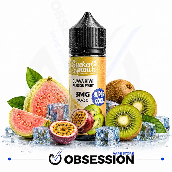 A bottle of Sucker Punch Premium E-liquid in Guava Kiwi Passion Fruit flavor, surrounded by fresh sliced kiwi, guava, passion fruit, kiwi seeds, and ice cubes on a white background with an Obsession Vape Store logo at the bottom.
