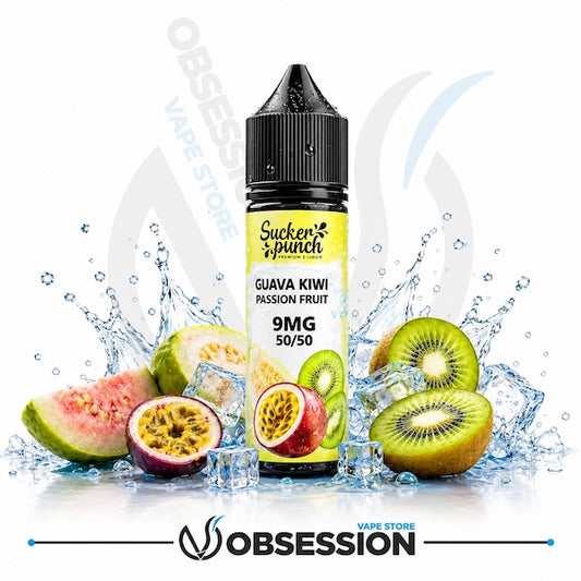 Sucker Punch Guava Kiwi Passion Fruit vape juice bottle with fresh pink guava, kiwi fruit slices, halved passion fruit, and ice-themed elements on a white background.