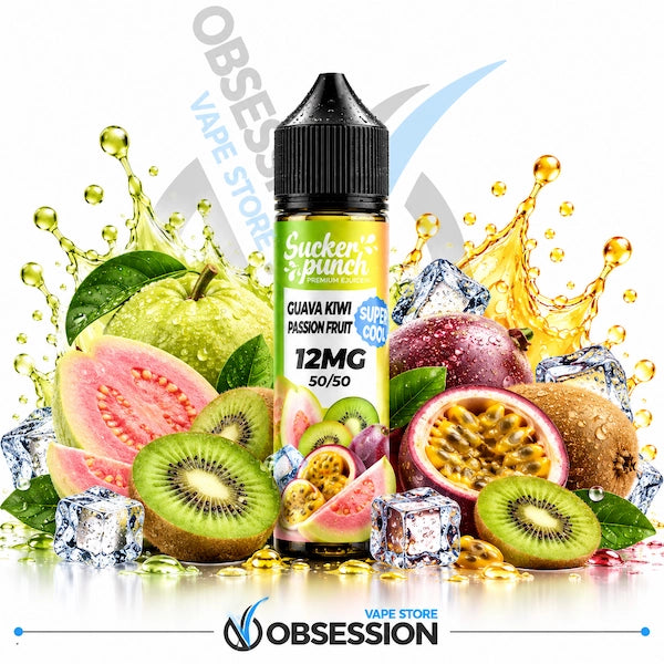 A bottle of Sucker Punch e-liquid centered against a white background, surrounded by illustrated and photographic fruits including guava, kiwi, passion fruit, and a green apple, with water splashes and ice cubes. The bottle label reads 'Sucker Punch', 'Guava Kiwi Passion Fruit', '12MG', and '50/50'.