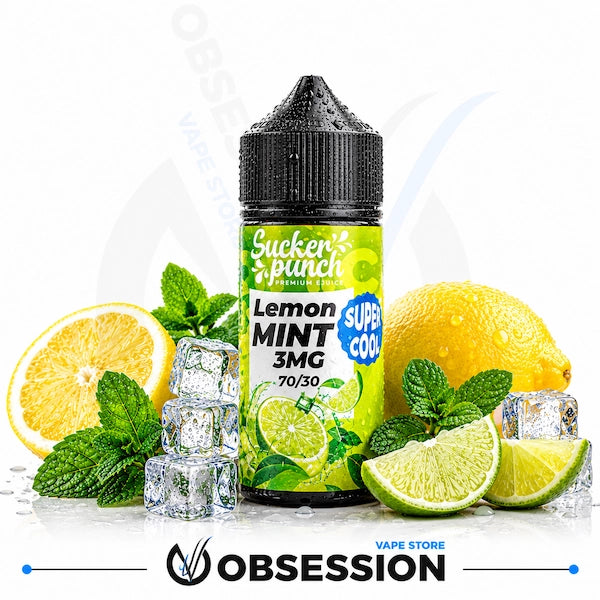 A bottle of Sucker's Punch Lemon Mint 3MG e-liquid is centered on a white background, surrounded by fresh lemons, mint leaves, lime slices, and ice cubes. The bottle label is bright green with black and blue text, and the Obsession Vape Store logo is visible at the bottom.