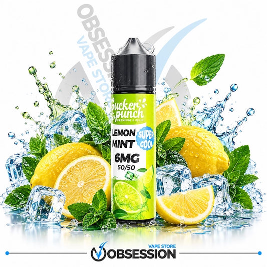 A bottle of Buckenpinch Lemon Mint e-liquid centered on a white background, surrounded by fresh lemons, mint leaves, ice cubes, and water splashes. The bottle label reads 'Buckenpinch Lemon Mint 6MG 50/50' and the image includes an Obsession vape store watermark and logo.
