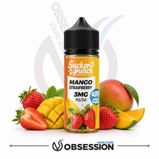 Sucker Punch Mango Strawberry vape juice bottle with fruits on a white background