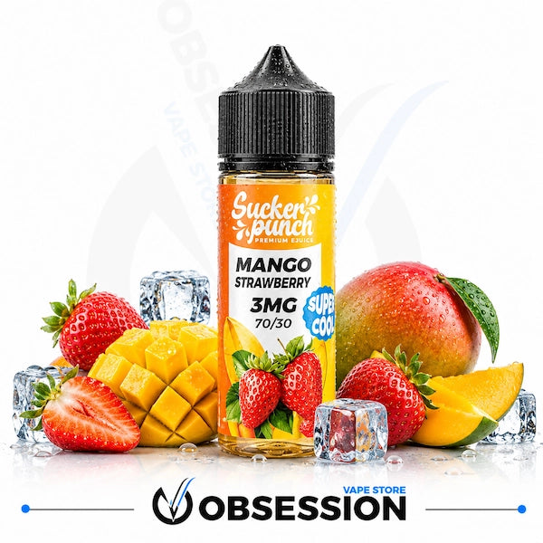 A bottle of Sucker Punch Premium Vapes Mango Strawberry 30ml e-liquid, 30MC, surrounded by fresh strawberries, sliced mango, a whole mango, and ice cubes on a white background with a Obsession Vape Store watermark.