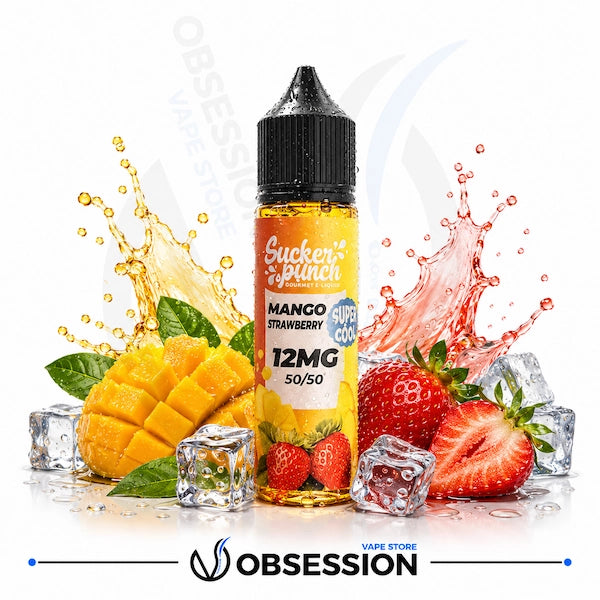 Mango Strawberry vape juice bottle with mango, strawberry, and ice cubes on a white background