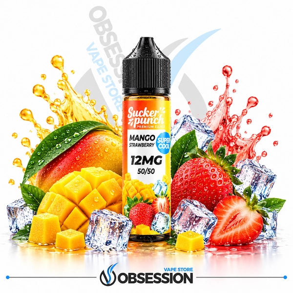 A bottle of Sucker Punch Premium Mango Strawberry e-liquid, 12mg, 50ml, centered against a white background with dynamic fruit and ice splash graphics.