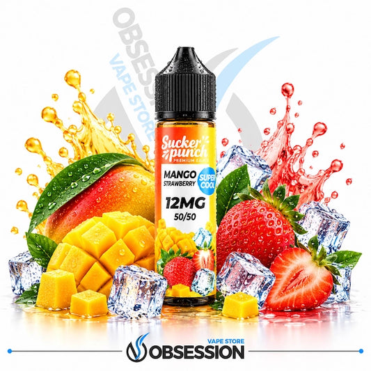 A bottle of Sucker Punch Premium Mango Strawberry e-liquid, 12mg, 50ml, centered against a white background with dynamic fruit and ice splash graphics.