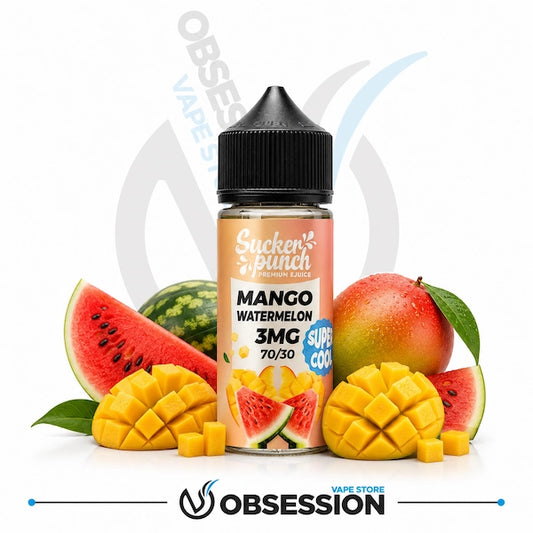 Sucked Punch Mango Watermelon vape juice bottle with mango and watermelon slices on a white background