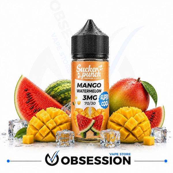 A bottle of Sucker Punch e-liquid labeled Mango Watermelon 3MG, surrounded by fresh mangoes, watermelon slices, and ice cubes on a white background. An 'OBSESSION VAPE STORE' watermark is visible at the bottom.