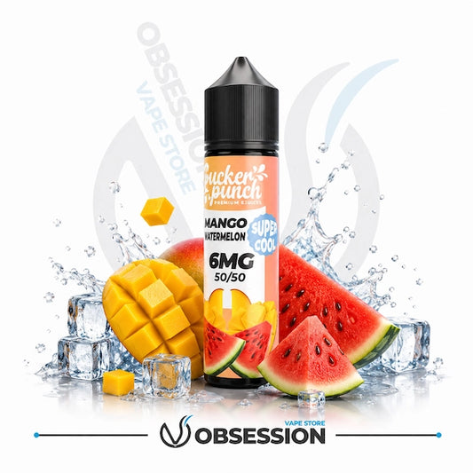 Sucker Punch Mango Watermelon vape juice bottle with fresh mango cubes, watermelon slices, and ice-themed elements on a white background.