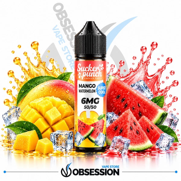 A bottle of Sucker Punch Watermelon Mango Super Cool vape liquid, 6MG 50/50, shown with watermelon slices, mango pieces, ice cubes, and red liquid splashes on a white background with Obsession branding.