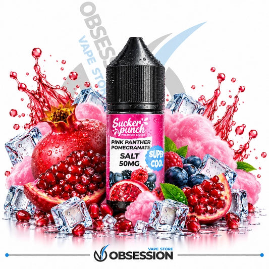 A bottle of Sucker Punch Pink Panther Pomegranate Salt 50mg e-liquid by Obsession, styled with fresh pomegranate seeds, a whole pomegranate, cotton candy, blueberries, and ice cubes on a white background.