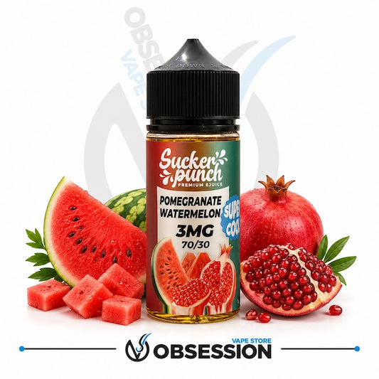Vape juice bottle with pomegranate and watermelon theme on a white background