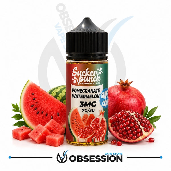 Vape juice bottle with pomegranate and watermelon theme on a white background