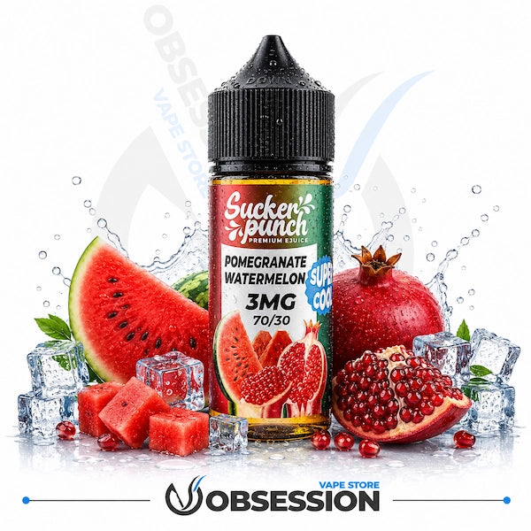 A bottle of Sucker Punch Premium E-liquid in Pomegranate Watermelon flavor, surrounded by fresh watermelon slices, pomegranates, and ice cubes on a white background with Obsession Vape Store branding.