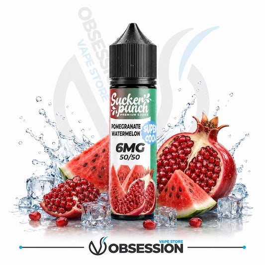 Sucker Punch Pomegranate Watermelon vape juice bottle with fresh pomegranate and watermelon elements on a white background.