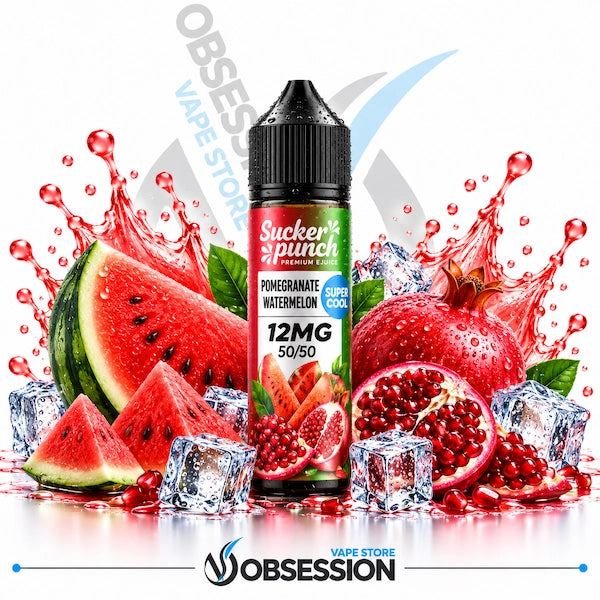 A bottle of Sucker Punch Premium E-liquid in Pomegranate Watermelon flavor, 12mg 50ml, centered against a white background with dramatic watermelon slices, pomegranates, water splashes, and ice cubes. The Obsession Vape Store logo is visible at the bottom.