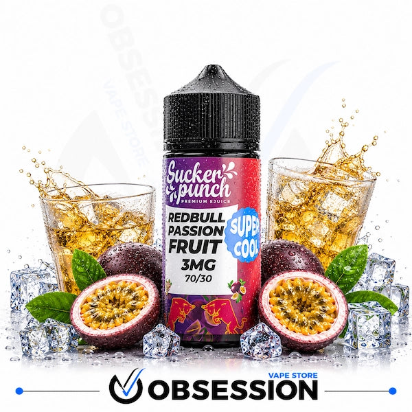 A bottle of Sucker Punch Premium E-liquid labeled 'Red Bull Passion Fruit' is centered on a white background, surrounded by two glasses of golden liquid, ice cubes, and halved passion fruit with green leaves. The Obsession Vape Store logo is visible at the bottom.