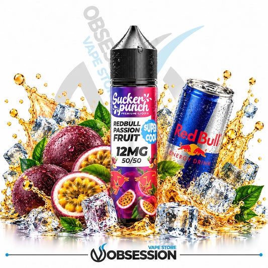 A bottle of Sucker Punch e-liquid labeled Red Bull Passion Fruit, alongside a can of Red Bull Energy Drink, surrounded by ice cubes, passion fruit, and golden liquid splashes on a white background with Obsession and Observe branding.