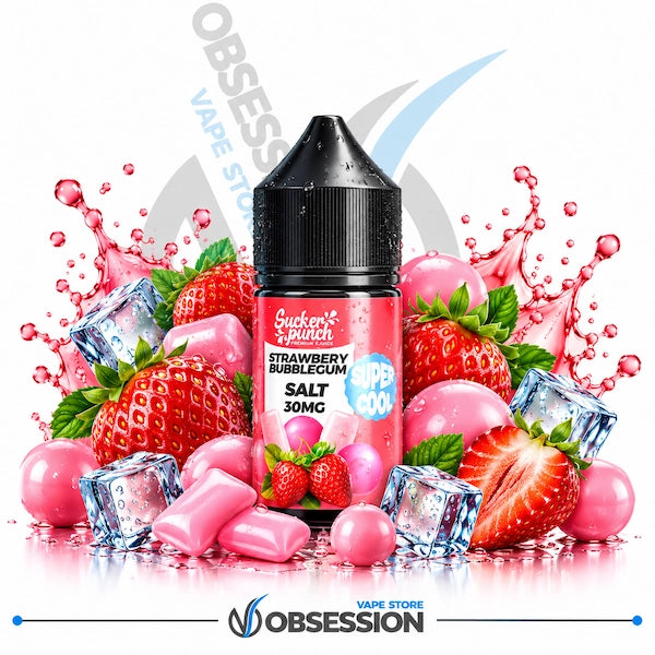 A bottle of Sucker Punch Strawberry Bubblegum Salt 30MG e-liquid centered on a white background, surrounded by fresh strawberries, pink gummy candies, ice cubes, and pink liquid splashes. The bottle label shows the Sucker Punch brand and a 'Vape Co.