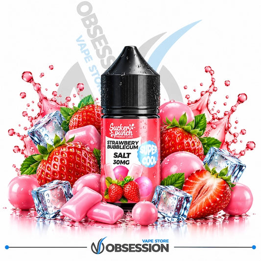A bottle of Sucker Punch Strawberry Bubblegum Salt 30MG e-liquid centered on a white background, surrounded by fresh strawberries, pink gummy candies, ice cubes, and pink liquid splashes. The bottle label shows the Sucker Punch brand and a 'Vape Co.