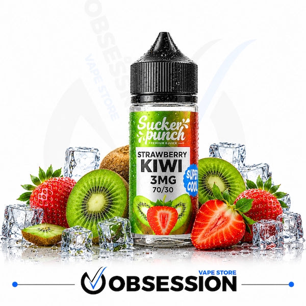 A bottle of Sucker Punch Strawberry Kiwi 3MG e-liquid by Obsession Vape Store, surrounded by fresh strawberries, kiwi slices, a kiwi pit, and ice cubes on a white background with a large Obsession Vape Store watermark and logo at the bottom.