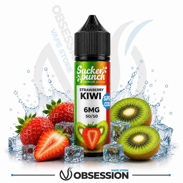 Sucker Punch Strawberry Kiwi vape juice bottle with fresh strawberry, kiwi fruit, and ice-themed elements on a white background.