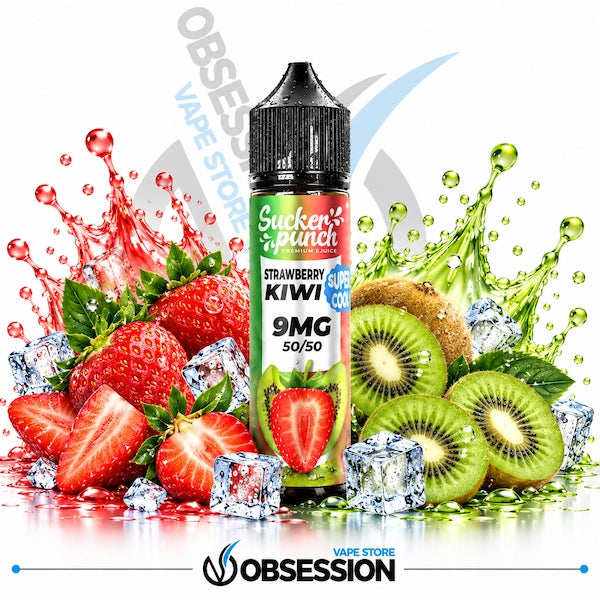 A bottle of Sucker Punch Super Cozy Strawberry Kiwi e-liquid centered against a white background, surrounded by fresh strawberries, sliced kiwi, ice cubes, and red and green liquid splashes. The Obsession Store logo is visible at the bottom.