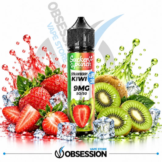 A bottle of Sucker Punch Super Cozy Strawberry Kiwi e-liquid centered against a white background, surrounded by fresh strawberries, sliced kiwi, ice cubes, and red and green liquid splashes. The Obsession Store logo is visible at the bottom.