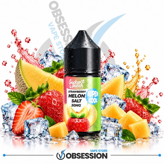 A bottle of Obsession by Bucked Up Strawberry Melon Salt 30mg e-liquid, surrounded by fresh strawberries, melon slices, mint leaves, ice cubes, and colorful liquid splashes on a white background.