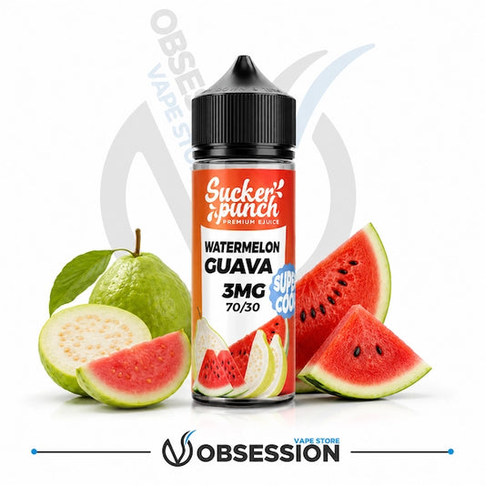 Sucker Punch Watermelon Guava vape juice bottle with watermelon and guava slices on a white background