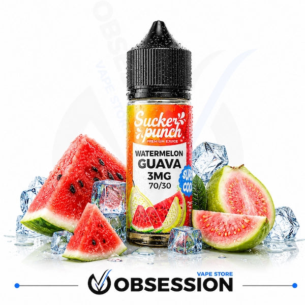 A bottle of Sucker Punch e-liquid labeled Watermelon Guava 3MG 70/30, surrounded by fresh watermelon slices, a guava fruit, and ice cubes on a white background with an Obsession store watermark.