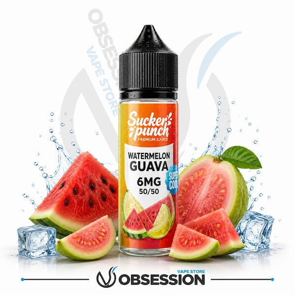 Sucker Punch Watermelon Guava vape juice bottle with fresh watermelon, pink guava, and ice-themed elements on a white background.