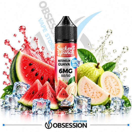 A bottle of Sucker Punch Watermelon Guava e-liquid centered in front of a stylized fruit and ice arrangement with water splashes. The bottle label reads Watermelon Guava, 6MG, 50/50, and Sucker Punch.