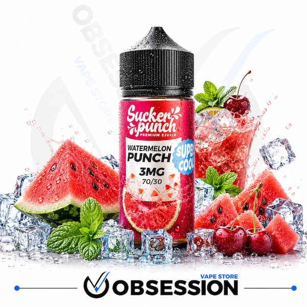 A bottle of Sucker's Punch Premium Sauce e-liquid in Watermelon Punch flavor, 3MG 70/30 ratio, styled with watermelon slices, mint leaves, cherries, and ice cubes on a white background with a 'Obsession' store watermark.