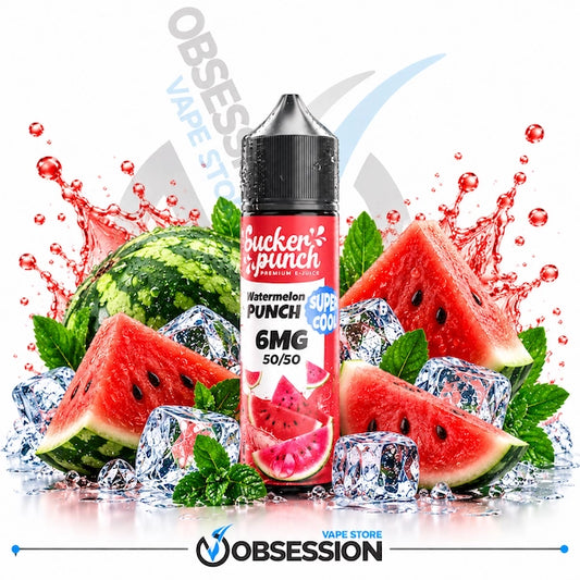 A bottle of watermelon punch e-liquid by Obsession Vape Store, styled with fresh watermelon slices, mint leaves, ice cubes, and a whole watermelon on a white background with red liquid splashes.
