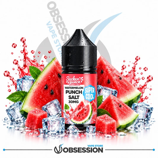 A bottle of Sucker Punch Super Cool Watermelon Punch Salt 30mg e-liquid centered on a white background, surrounded by fresh watermelon slices, ice cubes, and red liquid splashes. A large diagonal 'OBSESS' watermark and 'OBSESSION' logo appear on the image.