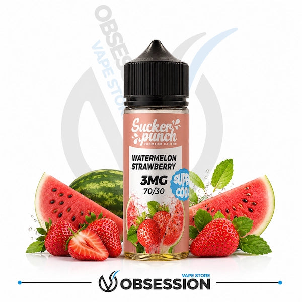 Sucker Punch Watermelon Strawberry vape juice bottle with watermelon and strawberry slices on a white background.