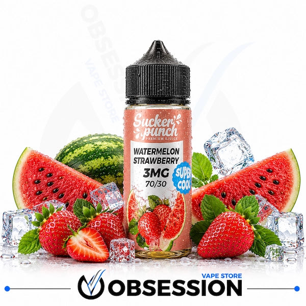 A bottle of Sucker Punch Watermelon Strawberry e-liquid centered on a white background, surrounded by fresh strawberries, watermelon slices, mint leaves, and ice cubes. The label shows 3MG strength and 70/30 ratio, with a visible Obsession store watermark and logo at the bottom.