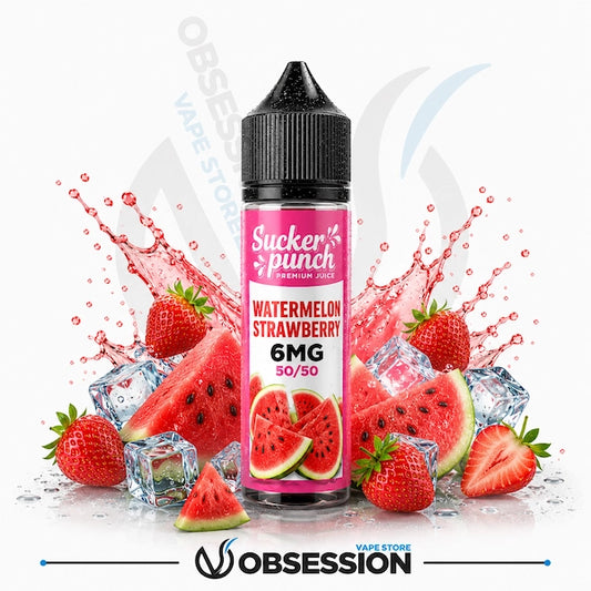 Sucker Punch Watermelon Strawberry vape juice bottle with fresh strawberry, watermelon, and liquid splash elements on a white background.